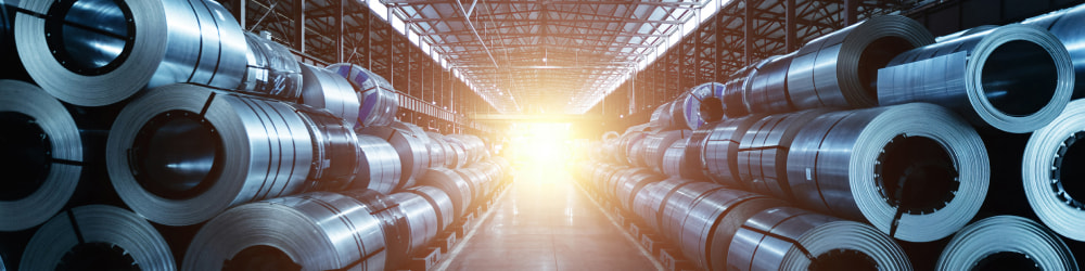 Rolls of steel sheet stacked in a warehouse